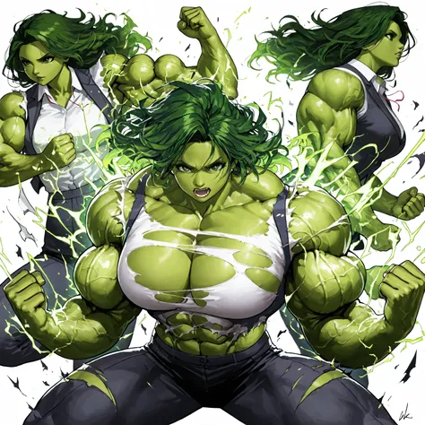 best quality, masterpiece, ultra-detailed, 8k resolution, She hulk transformation sequence, Jennifer Walters turning into She-Hulk, Muscular , glowing energy effects, torn clothing, dynamic pose, white background, cinematic lighting, detailed anatomy, dram...