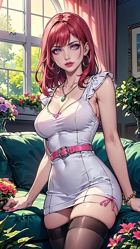((solo, 1woman, TakashiroHiroko, dark purple eyes, red hair, pink lipstick, Extremely detailed, ambient soft lighting, 4k, perfect eyes, a perfect face, perfect lighting, a 1girl)), ((solo, (1woman, pink lipstick), Extremely detailed, ambient soft lighting...