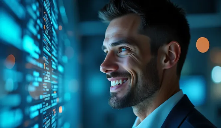 close up shot of the same man in the digital space happy with the satisfactory performance of his digital assets