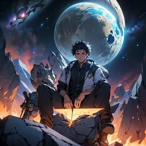 Draw a young programmer,  sitting on a research platform floating in the middle of an asteroid belt. He is studying with a notebook, surrounded by several asteroids glowing with auras of fire .  Dramatic lighting of distant stars and planets illuminates th...