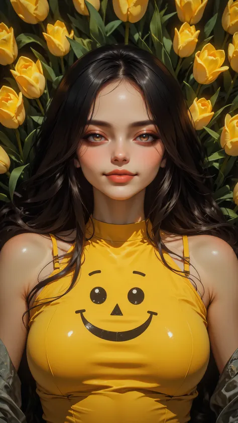 8k, Masterpiece, Top Quality, High-angle, close-up, woman, long dark hair, fair skin, dark eyes, full lips, smiling,  yellow top, stylized smiling faces, sleeveless, relaxed fit, lying down, among, yellow tulips, blurred background, painting, densely plant...