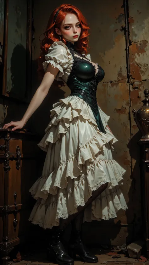 8k, Masterpiece, Top Quality, redhead, curly, pale skin, dark eyes, dramatic makeup, dark green lace bodice, white ruffled skirt, vintage, Victorian, black polka dot tights, dark shoes, slightly off-kilter pose,  textured, aged wall, muted browns, tans, an...