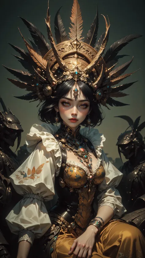 8k, Masterpiece, Top Quality, Low-angle, three-quarter view,  pale skin, dark eyes, red lips,  elaborate headdress, feathers, woven hat, brocade bodice, puffed sleeves, gold skirt, white ruffled collar, beaded necklace, dramatic pose, slightly tilted head,...