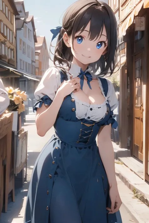 ((Top Quality)), ((Excellent)), (Details),,((German)), Dark Hair,(Young Face),((Straight Hair)), Shiny Hair, ((Very Young Girl)), Small Breasts, Emphasized Cleavage, ((Blue Eyes)), Masterpiece, ((Dirndl)),((Dirndl is the German national dress)),Outdoor Pat...