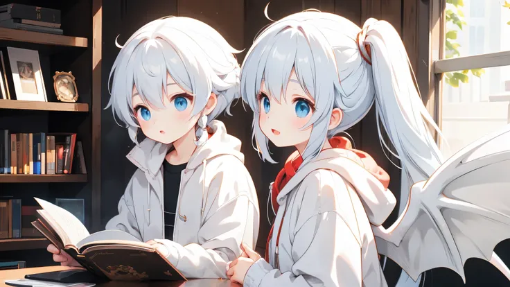Dragon Girl , double ponytail,white lightweight jacket,Magnificent Jiyaki ,Holding a book in his hand,Dragon Horn,Dragon Wings, red