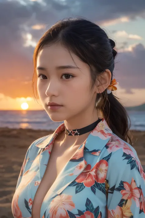 ((( Hawaii Sunset Beach )))、、(Please wear a floral Hawaiian shirt.。..:1.5)、( natural skin texture, hyperrealism, Soft light,  sharp), (complicated details:0.9), (NFSDW, hyperdetails:1.2), Soft light,  sharp,  Exposure Blend ,  intermediate shot, Bokeh, (NF...