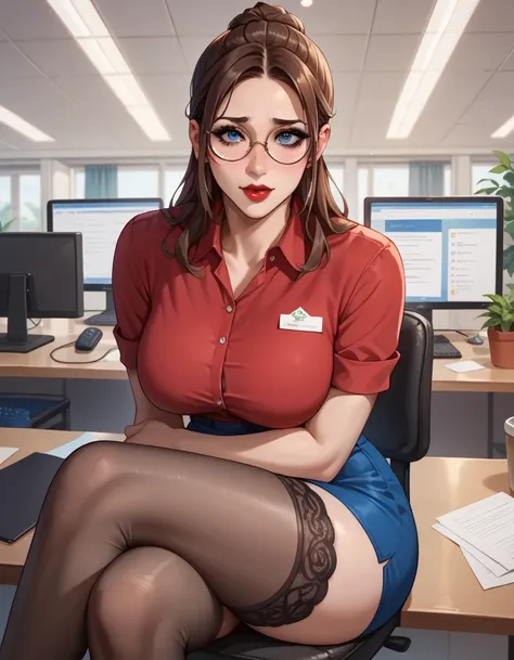 NSFW, Tall girl, POV, employee, shy, long brown hair, round glasses, sitting, legs crossed, blue eyes, red lipstick, blue skirt jean, heavy breasts, big legs, black stockings, black eyeliner, red shirt, in an office by night.