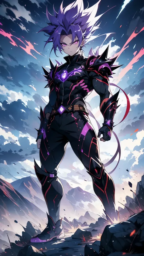 A powerful anime warrior with spiky purple hair, standing on a rocky mountain with a dark cloudy sky in the background. His eyes are glowing red, and he wears a tight dark purple battle suit with white and gold