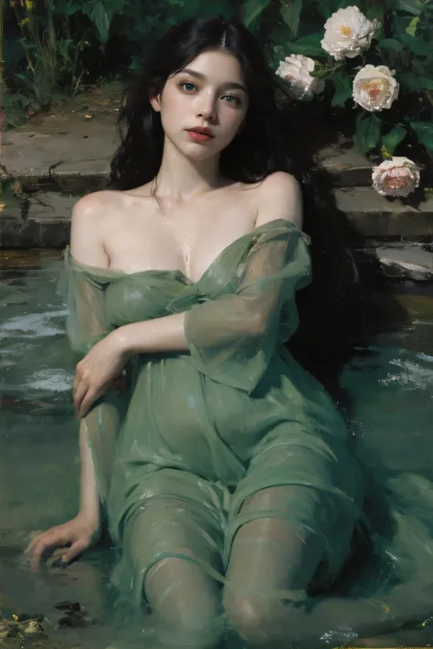 (oil painting:1.5),
\\
a woman with (long curtly hair ), ((green eyes)) is lie on the ground, peony, in water, (amy sol:0.248),  with  dress,  (stanley artgerm lau:0.106), (a detailed painting:0.353), (gothic art:0.106)