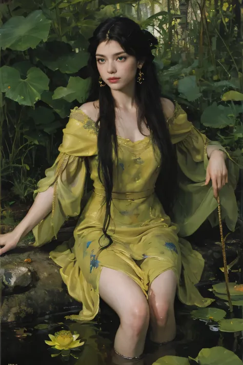 (oil painting:1.5),
\\
a woman with (long curtly hair ), ((green eyes)) lotus, in water, (amy sol:0.248), with yellow dress,  (stanley artgerm lau:0.106), (a detailed painting:0.353), (gothic art:0.106)