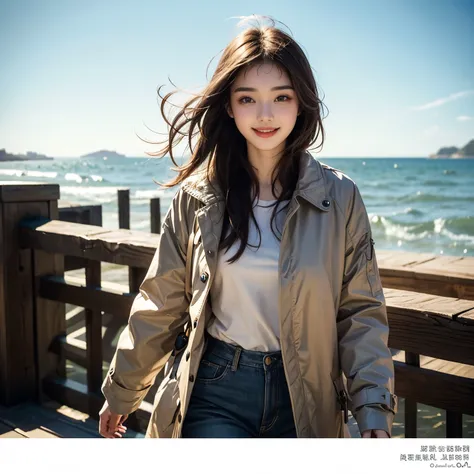  image of her upper body up 。 One Beautiful Woman 。Detailed drawing of the face。Twenty years old。dark brown hair。 she's smiling。She wears a spring coat、Walking along the seaside。Greatest Masterpiece。
