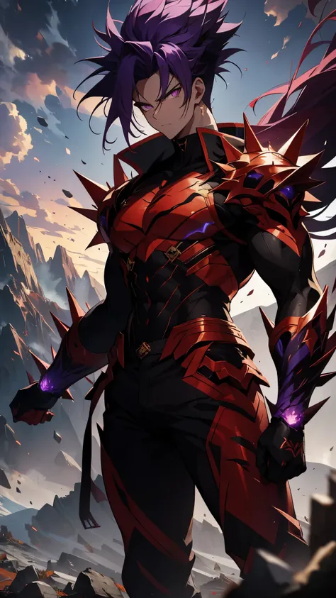 A powerful anime warrior with spiky purple hair, standing on a rocky mountain with a dark cloudy sky in the background. His eyes are glowing red, and he wears a tight dark purple battle suit with white and gold