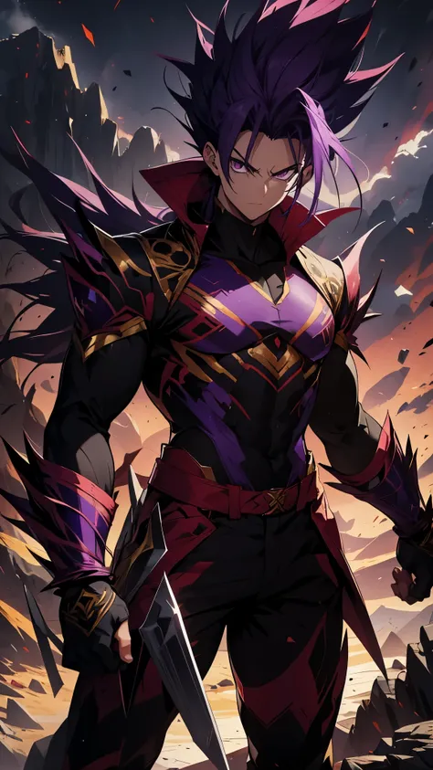 A powerful anime warrior with spiky purple hair, standing on a rocky mountain with a dark cloudy sky in the background. His eyes are glowing red, and he wears a tight dark purple battle suit with white and gold