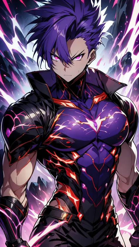 A powerful anime warrior with spiky purple hair, standing on a rocky mountain with a dark cloudy sky in the background. His eyes are glowing red, and he wears a tight dark purple battle suit with white and gold