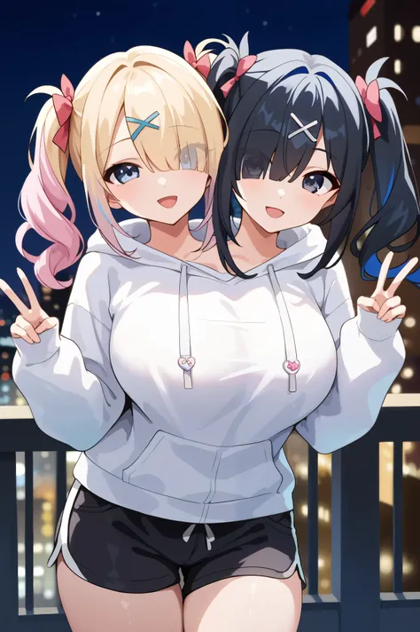 2heads, twoheads, a tall thin woman with 2 heads, conjoined, AmeChan, black hair, black eyes, medium hair, twintails, hair over one eye, x hair ornament, KAngel, blue eyes, multicolored hair, blonde hair, blue hair, pink hair, quad tails, multiple hair bow...