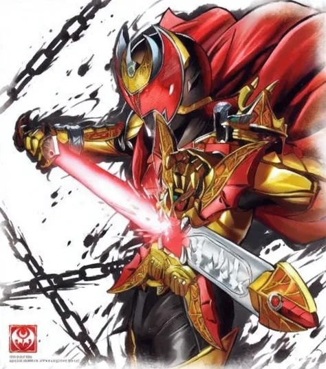 Kamen Rider Kiva Emperor Form , Cool elegant , Blood-colored moon image, featured with accompanying chain.,gold armor cut with red,Come alone