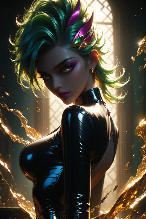 Japanese girl, (anime), manga, sexy, One Full Growth in Latex, sparkles, Pink Green Hair, posing, ((Glitter Dust)), dynamic shadows, masterpiece, bright colors, Shimmers, clear details, beautiful appearance, masterpiece, best quality, perfect anatomy, very...