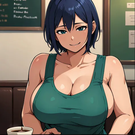     top quality , masterpiece , Ultra High Definition , ( Photorealistic : 1.4), RAW photo, anime, Anime girl with short blue hair is in a restaurant wearing a green apron she has very big boobs and is in a coffee shop smiling while holding a glass of coff...