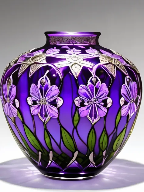 purple glass vase with a floral design on the bottom, an etching by Ann Thetis Blacker, reddit, crystal cubism, beautiful glass work, purple crystal glass inlays, vase work, beautiful design, purple crystal inlays, venetian glass, amethyst, beautiful detai...