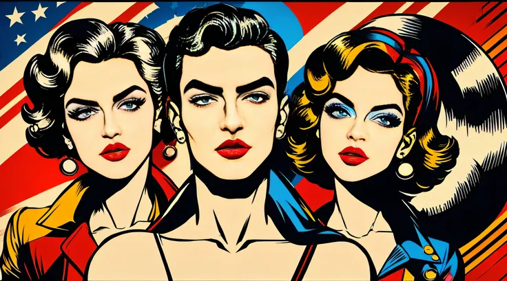 pop art, Style Roy Lichtenstein, 2 Girls  and 1 Guy, Headphones, Vinyl, DJ, shirt, jewellery, closed mouth, upper half body, Earrings, lip, looking up at viewer, red lip, background US Flag


