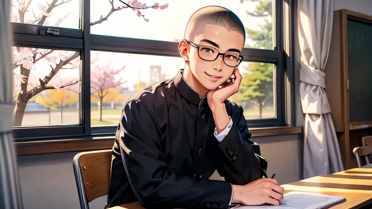 Japanese man handsome smile In the classroom Outside the window is early spring and there is only one cherry tree glasses glasses Shaved head Shaved head skinhead Shaved head Shaved head skinhead Black school run school uniform Black...