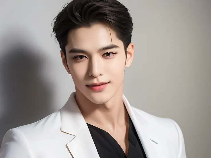 smiling mouth corner, Smiling, Seeing Teeth, Palpation of the lips, Squint, Bend over, look down, 20 year old man, Very handsome , Korean Series Stars, White skin, handsome, classic side part hairstyle, black background, masterpiece, best quality, Cool ...
