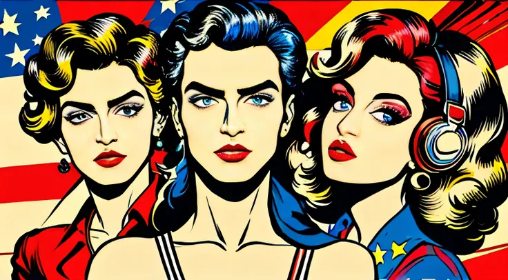 pop art, Style Roy Lichtenstein, 2 Girls and 1 Guy, Headphones, Vinyl, DJ, shirt, jewellery, closed mouth, upper half body, Earrings, lip, looking up at viewer, red lip, background US Flag