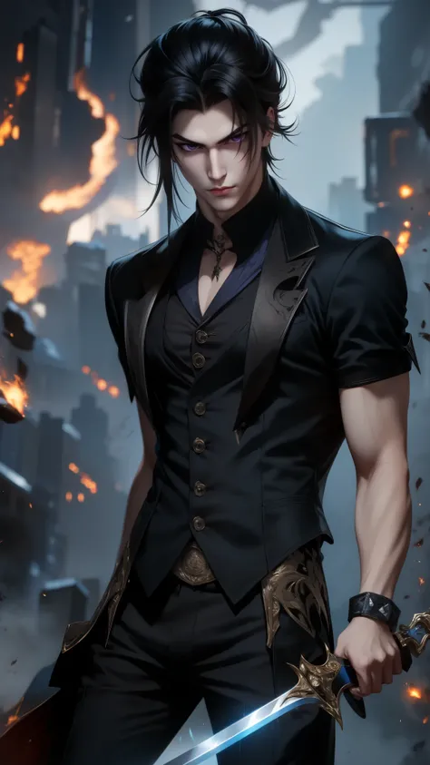Sung Jin Woo 1 male 20 years old, handsome body, cool face, black hair, purple eyes, trained, black vest, dark city view, solo, many cool poses holding a sharp small sword rushing towards the viewer, slashing horizontally to create a light streak.