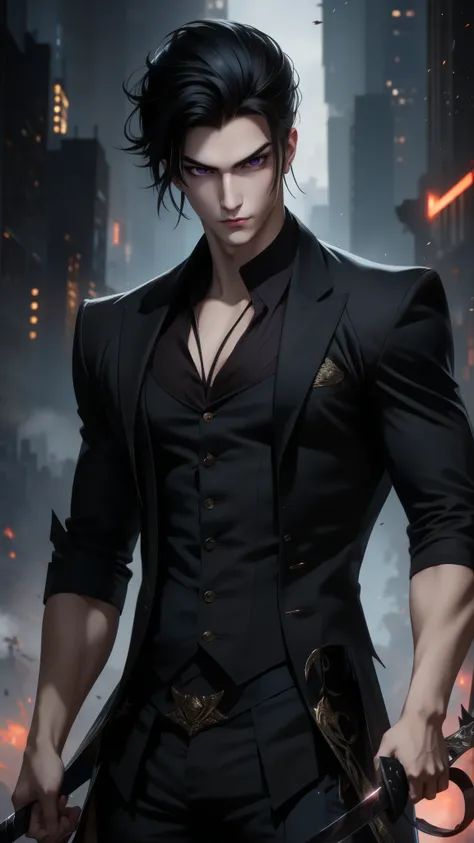 Sung Jin Woo 1 male 20 years old, handsome body, cool face, black hair, purple eyes, trained, black vest, dark city view, solo, many cool poses holding a sharp small sword rushing towards the viewer, slashing horizontally to create a light streak.