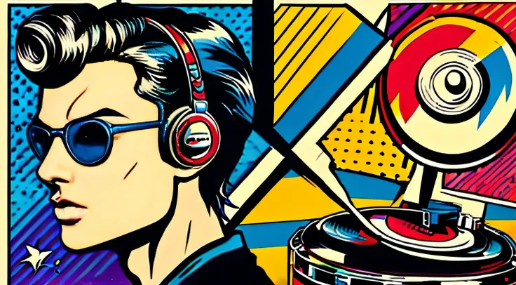 Pop art, Style Roy Lichtenstein, Andy Warhol, painter, full body, headphones, painting a vinyl record, looking at the vinyl record, background bright pop art sun