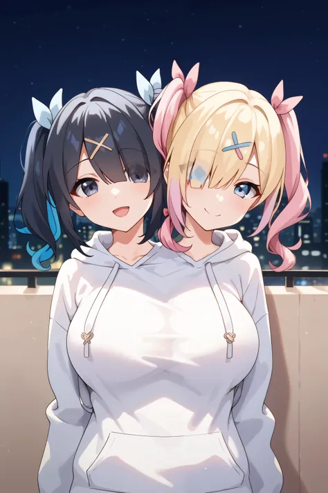 2 girls, 2heads, twoheads, a tall thin woman with 2 heads, conjoined, AmeChan, black hair, black eyes, medium hair, twintails, hair over one eye, x hair ornament, KAngel, blue eyes, multicolored hair, blonde hair, blue hair, pink hair, quad tails, multiple...