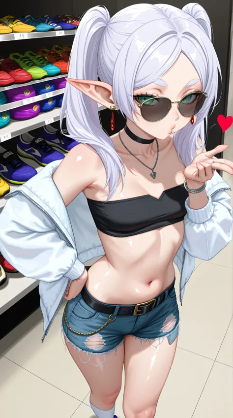 1girl,(frieren),sunglasses,green eyes,round face,elf,white hair,long hair,twintails,parted bangs,fashionable female,female focus,looking at viewer,dramatic angle,upper body,solo,small breasts,navel,midriff,thick lips,white jacket,black bandeau,unbuttoned,f...