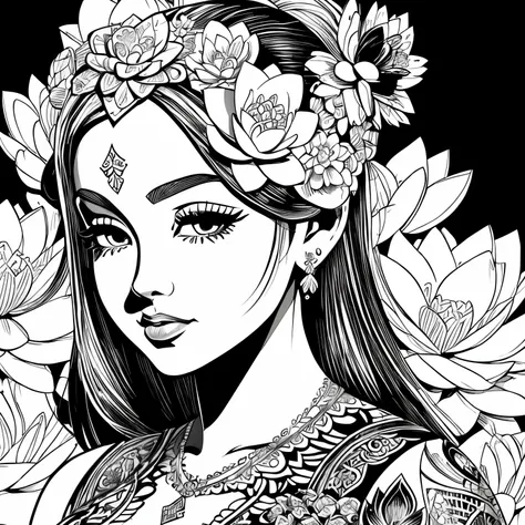 Black and white figure of a girl with a lotus flower in the background,   in a dress with flowers , his fine line of ink art, comic book style,  portrait of a Polynesian girl , Marilyn Munro , Hollywood glamour ,  beautiful line pattern, black and white co...