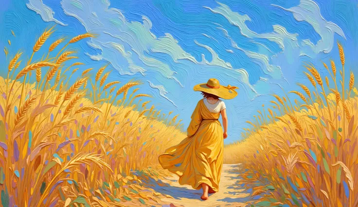 an oil painting inspired by Van Gogh, depicting a lone roman woman walking through a golden wheat field, his hands grazing the tall stalks, under a vivid blue sky with swirling clouds.The wind carries the leaves and golden grains, giving a magical air to t...