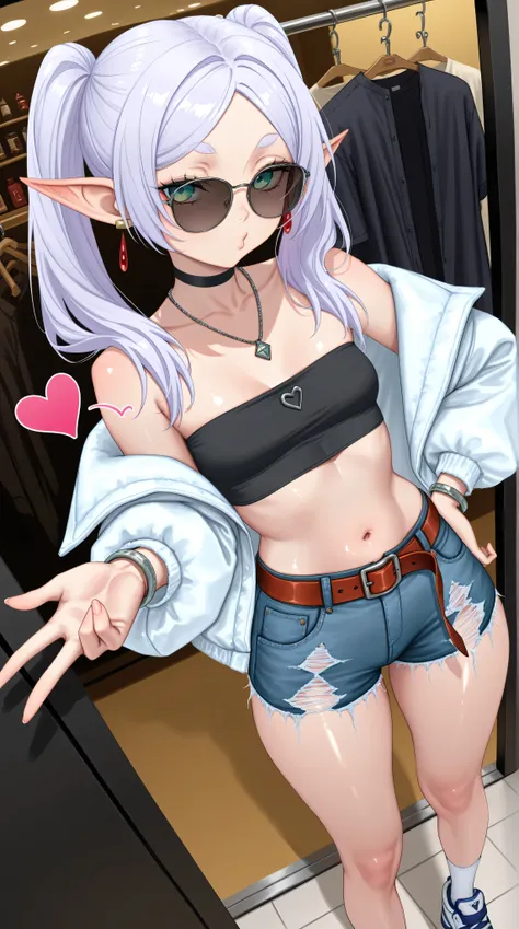 1girl,(frieren),sunglasses,green eyes,round face,elf,white hair,long hair,twintails,parted bangs,fashionable female,female focus,looking at viewer,dramatic angle,upper body,solo,small breasts,navel,midriff,thick lips,white jacket,black bandeau,unbuttoned,f...