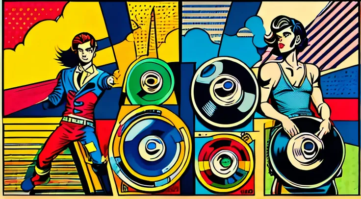 Pop art, Style Roy Lichtenstein, Andy Warhol, painter, full body, headphones, painting a vinyl record, looking at the vinyl record, background bright pop art sun