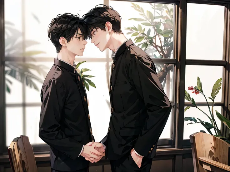  Two Japanese Men　handsome　 short dark hair  　　short cropped 　　smile　　　has 5 gold buttons　Two people wearing black school runs　 black pants 　　In a bright classroom 　 Snow Outside the Window　　Two boys 　　boys love cartoon　　 　Kiss on the cheek