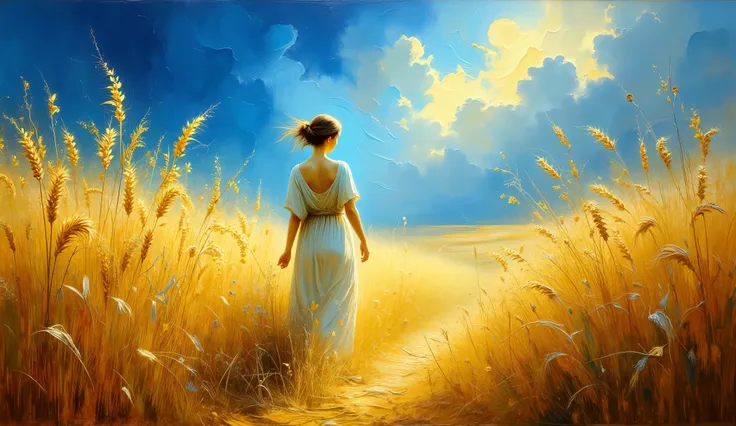 an oil painting inspired by Van Gogh, depicting a lone roman woman walking through a golden wheat field, his hands grazing the tall stalks, under a vivid blue sky with swirling clouds.The wind carries the leaves and golden grains, giving a magical air to t...