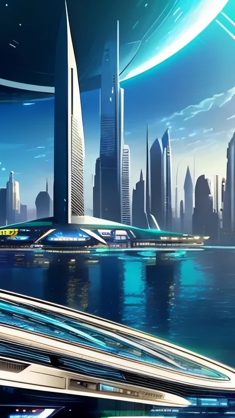 a futuristic city with a futuristic skyline and a futuristic planet, cybernetic civilizations, cybernetic civilisations, the encrypted metaverse, futuristic setting, beautiful city of the future, futuristic utopia, futuristic utopian fantasy, city of the f...