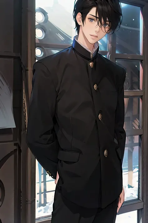  Japanese man 　　handsome　 short dark hair  　mature　short cropped 　　smile　The black Gakuran jacket has a black padded collar　　　　5 gold buttons on jacket　　　In a bright classroom 　 Snow Outside the Window