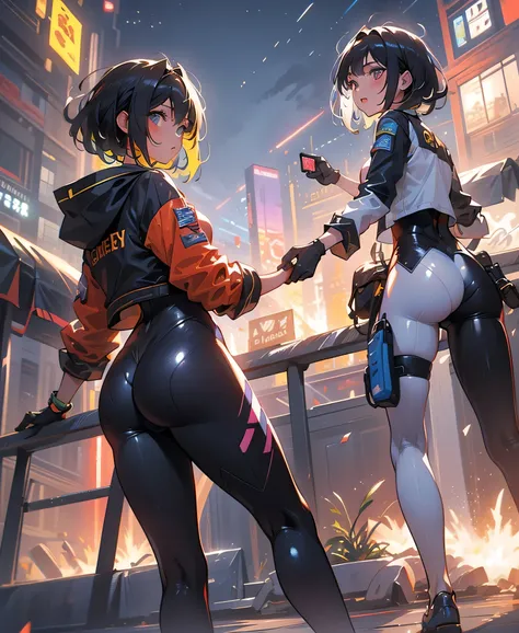 Best Quality，masterpiece，Ultimate resolution，Fluffy，Extremely colorful，colorful，Female Fighter，A natural woman ，black super short hair， gun，Enamel-like shiny close-contact combat suit， tights suit ，Steel City Background，Night of ，dynamic pose