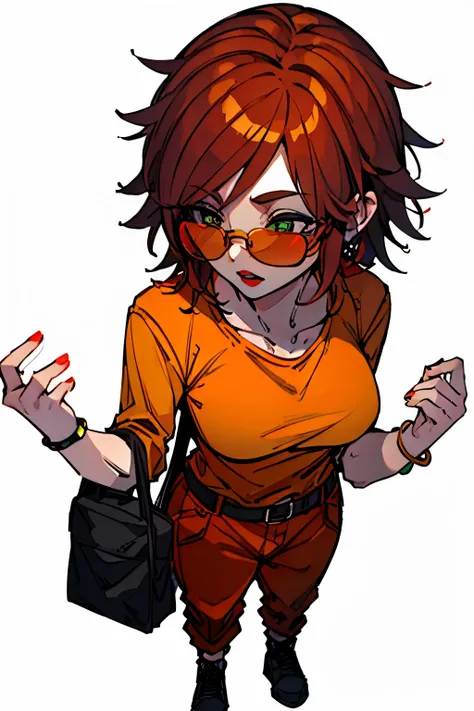 woman full body, white background, orange t-shirt, orange pants,  red hair, red lipstick and dark glasses