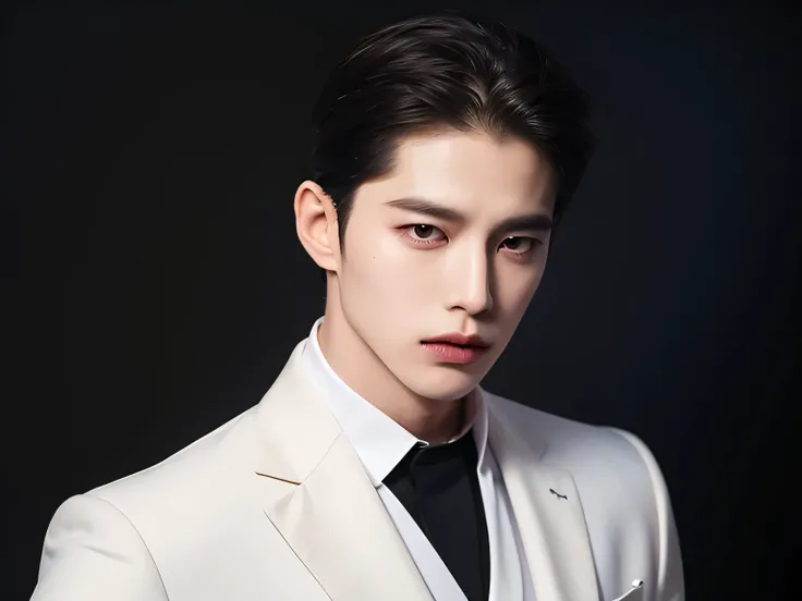 Tilt the corners of the mouth, Palpation of the lips, Squint, Bend over, look down, 20 year old man, Very handsome , Korean Series Stars, White skin, handsome, classic side part hairstyle, black background, masterpiece, best quality,  Cool personality ,  a...