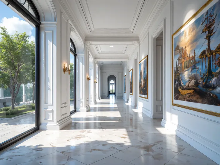 Corridor in the mansion, Several rooms along the corridor, Luxurious white stone floor, , on the right, the white wall is adorned with rare landscape images., . The left thread is an ornamental tree and a glass wall., images, Masterpiece, movies, clear det...