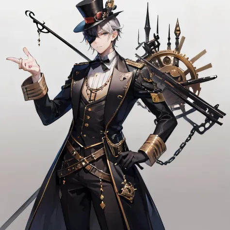 a tall man wearing a dress hat, He has steampunk style clothing, wears a mask that doesn't let him see his eyes, he has a cane on his back and is making the gesture of silence with his right hand