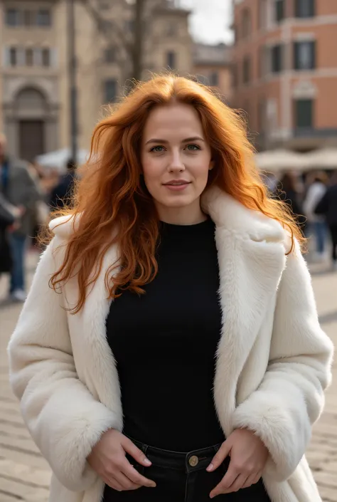 8k, RAW photography of Madelaine Petsch, full body shot, shot taken from far of a beautiful redhaired woman, the model is posing in black top, white fur coat and black jeans in piazza reppublica Rome Italy, green eyes, hair with structure, sexy pose, messy...