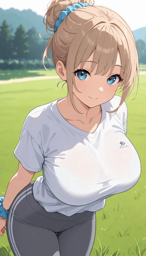 Masterpiece, Masterpiece, top quality, high resolution, 1 girl, solo, adult, blue eyes, light brown hair, bun plait hairstyle with bangs, light blue race scrunchie, look at viewer, well-endowed big breasts, she is wearing white plain T-shirts and grey legg...