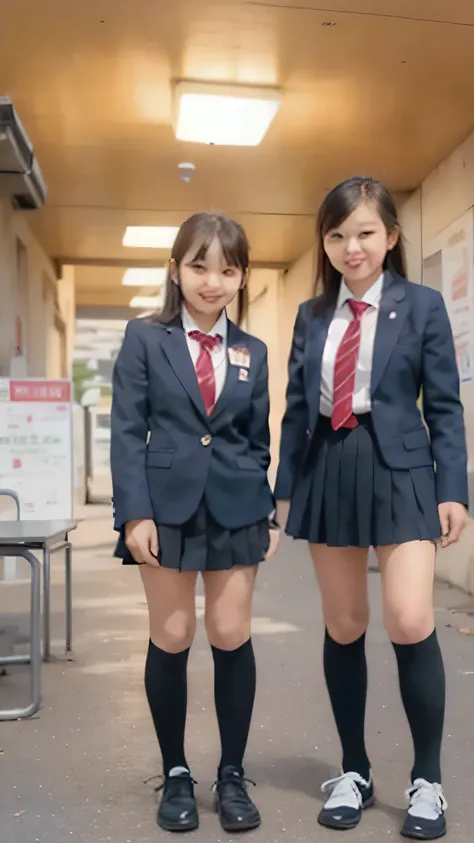  classroom ceiling background,(((Two  female middle school students stand))), look down at me,Long thighs,low angle,((navy blue micro pleated mini skirt)),navy blue blazer,((navy blue knee-high socks)),black hair bangs,Taiwanese girl's smile