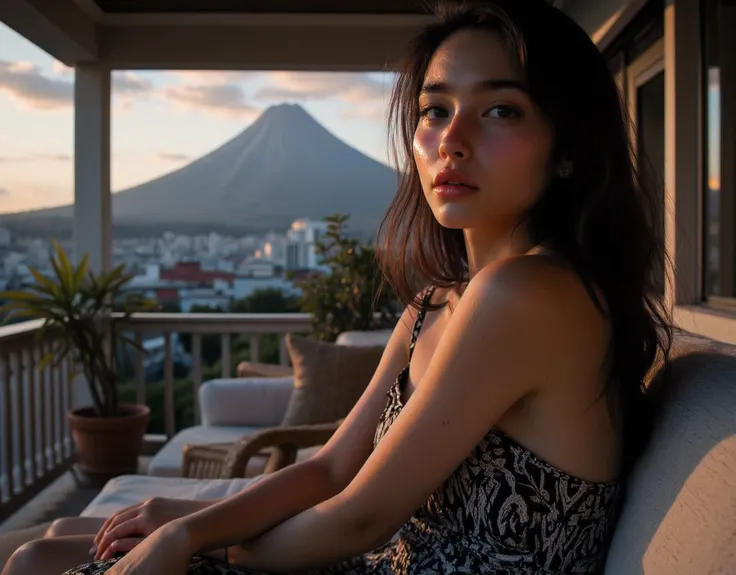 (mountain with city in the background) (Large perky breasts) Flash photography, gyaru, Aesthetically pleasing cinematic composition, epic perspective, dramatic lighting and shadows, symmetrical and detailed, Cute girl with small perky breasts in a black an...