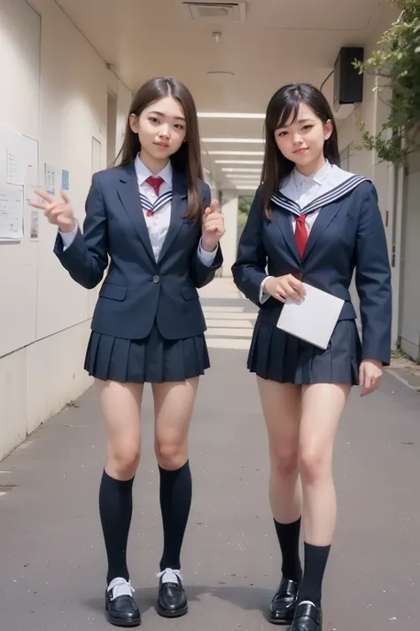 Two female middle school students standing and lip syncing in a white classroom,navy blue sailor suit,Navy Blue Pleated Micro Mini Skirt,navy blue knee-high socks, angle from the ground under a spectacular sky,in front, dark hair medium hair, wear black lo...